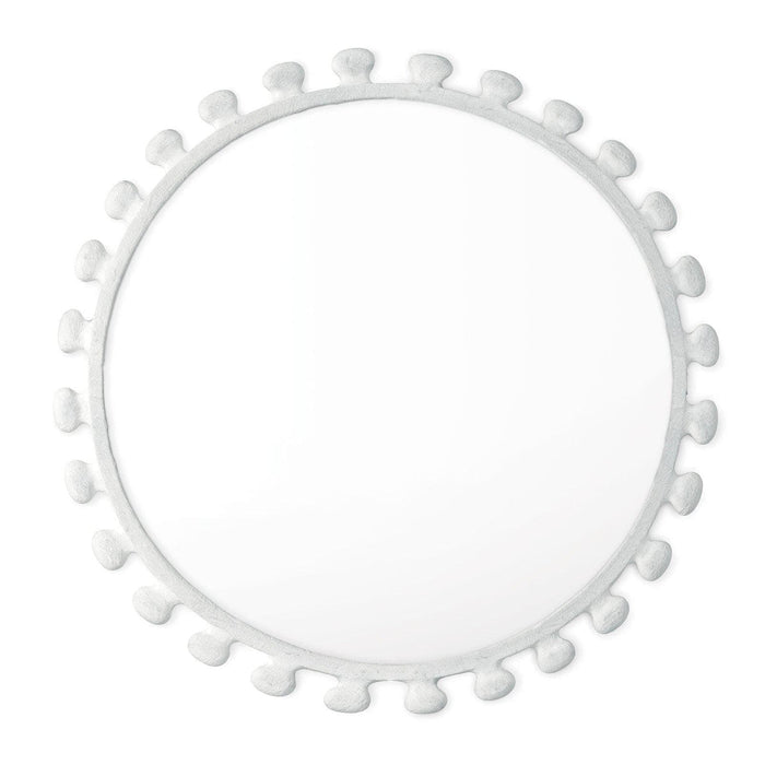 Sanya 32" round metal mirror with a matte white, paper maché-inspired finish and sculptural border.