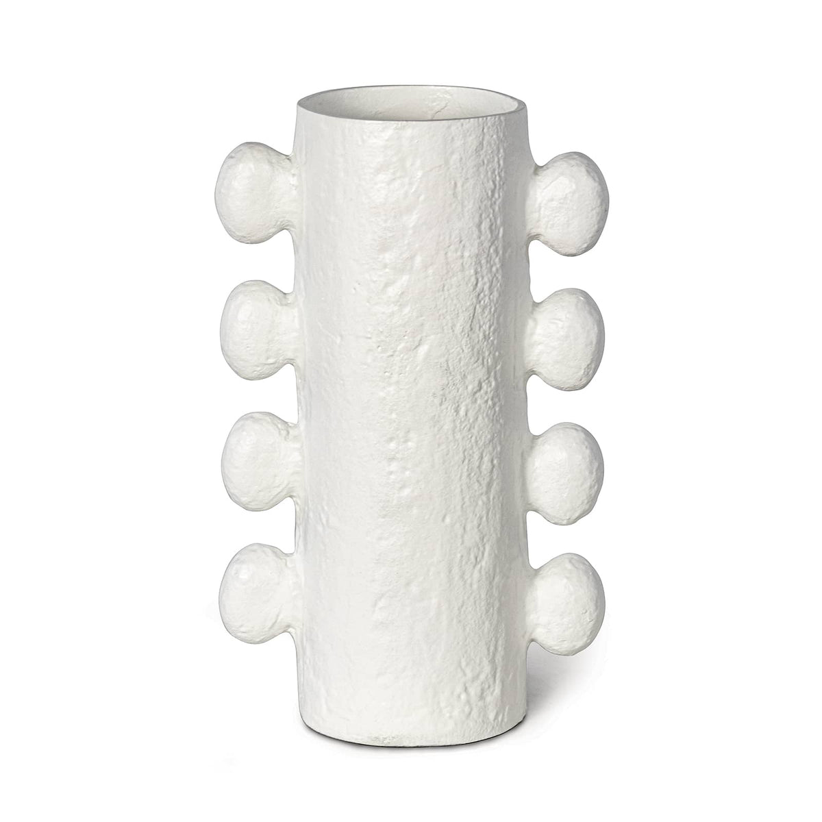 Large Sanya Metal Vase in matte white with a textured, paper maché-inspired finish and sculptural side elements.