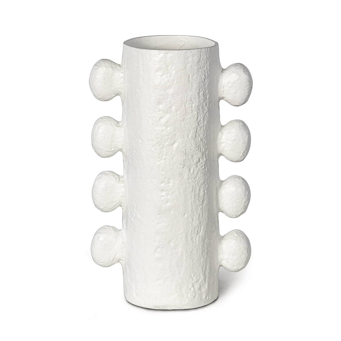 Large Sanya Metal Vase in matte white with a textured, paper maché-inspired finish and sculptural side elements.