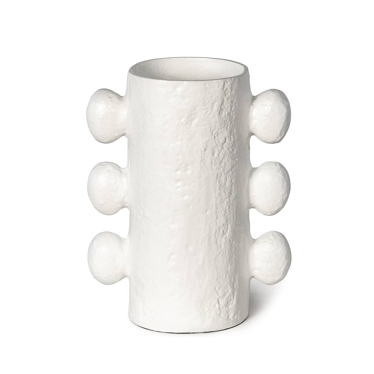 Sanya small white metal vase with a textured, paper maché-inspired finish and six sculptural, rounded protrusions.