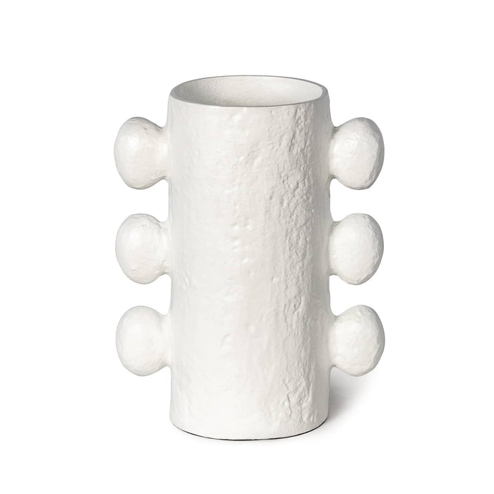 Sanya small white metal vase with a textured, paper maché-inspired finish and six sculptural, rounded protrusions.