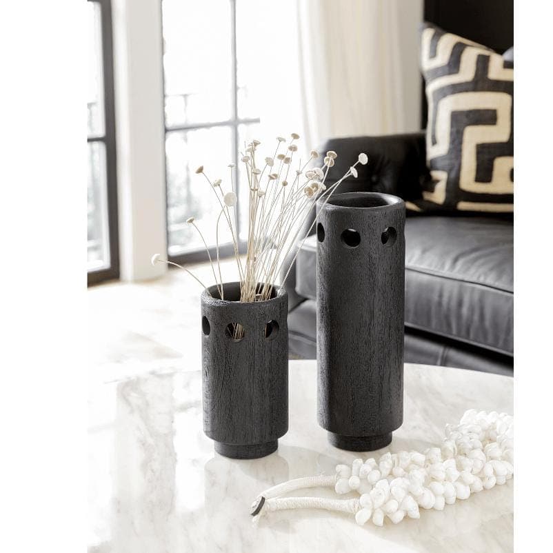 Savior Black Wooden Vase Set: Two sleek, minimalist mango wood vases with cutout details, one holding dried flowers.
