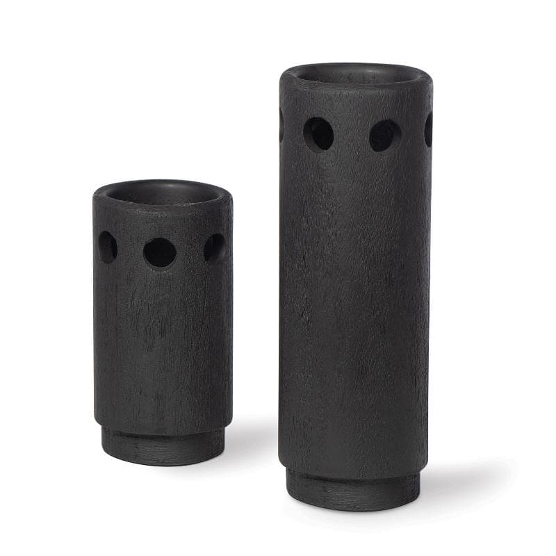 Savior Black Wooden Vase Set: Two sleek, cylindrical mango wood vases with cutout details.
