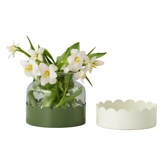 Scalloped Vase Duo, Spruce Green & White | Bone & Brass