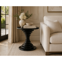 Schilling round side table with hand-rubbed black finish and concentric ring design.