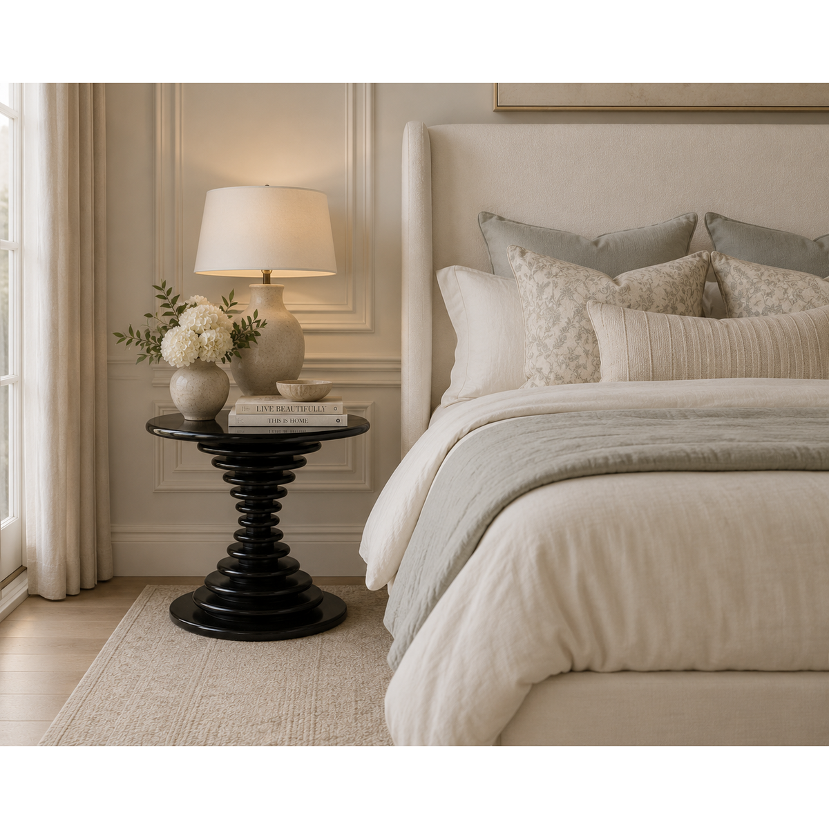 Schilling round side table with hand-rubbed black finish and concentric ring design in a bedroom.