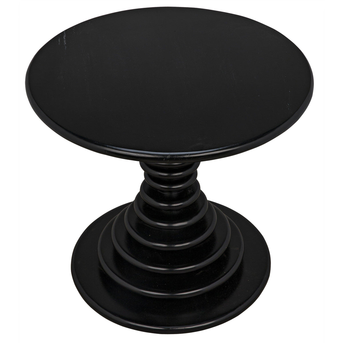Schilling round side table with hand-rubbed black finish and concentric ring pedestal base.