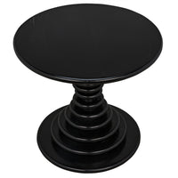 Schilling round side table with hand-rubbed black finish and concentric ring pedestal base.