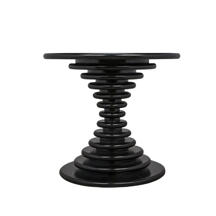 Schilling round side table with hand-rubbed black finish and concentric ring design.