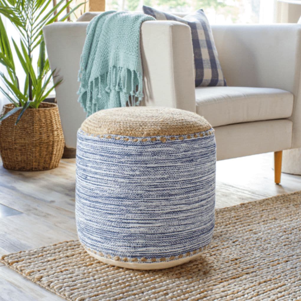 Kai Tan & Blue Braided Jute Floor Pouf