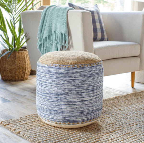 Kai Tan & Blue Braided Jute Floor Pouf