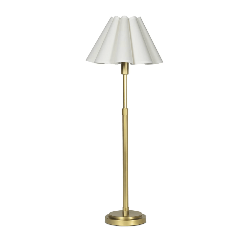 Polly Buffet Lamp Natural Brass with White Scalloped and Rattan Shades