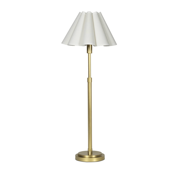 Polly Buffet Lamp Natural Brass with White Scalloped and Rattan Shades