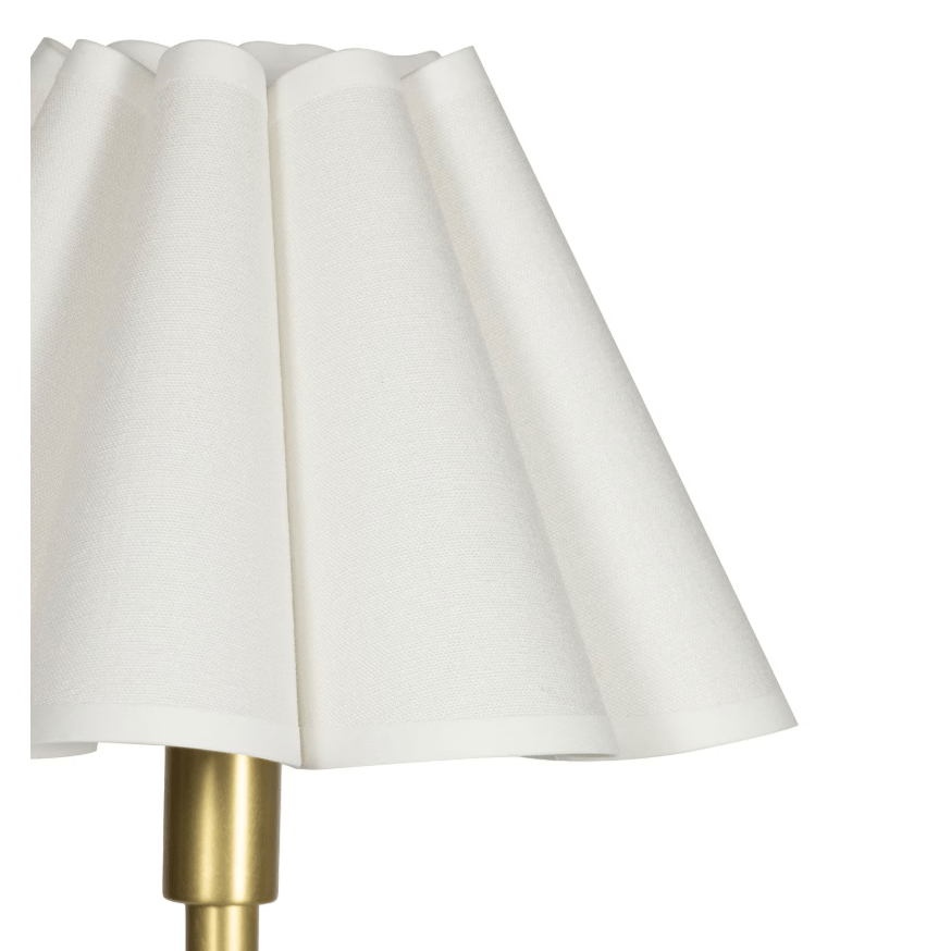 Polly Buffet Lamp Natural Brass with White Scalloped and Rattan Shades