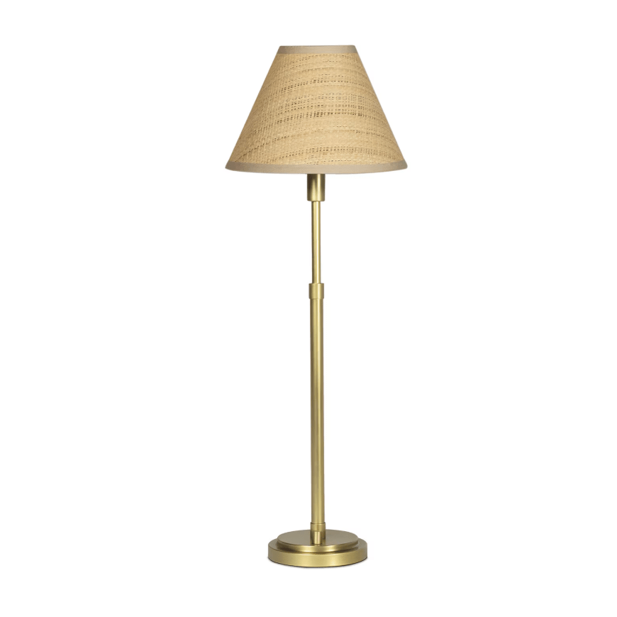 Polly Buffet Lamp Natural Brass with White Scalloped and Rattan Shades