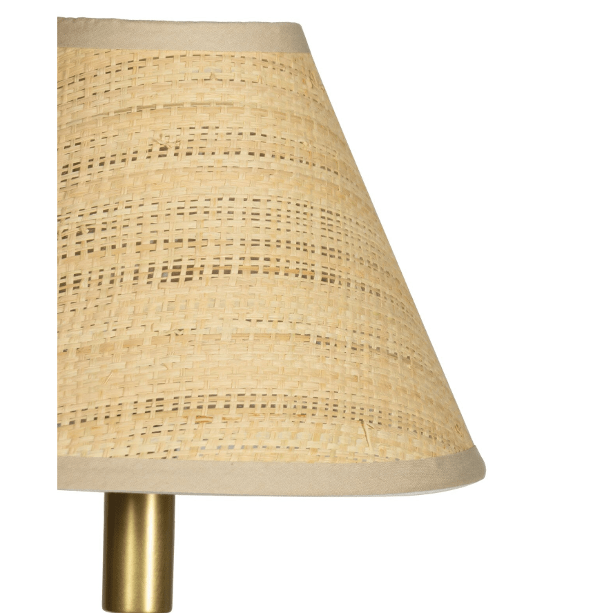 Polly Buffet Lamp Natural Brass with White Scalloped and Rattan Shades