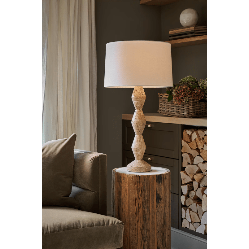 Crew Buffet Lamp with Walnut or Travertine Base and Natural Linen or Black Shade