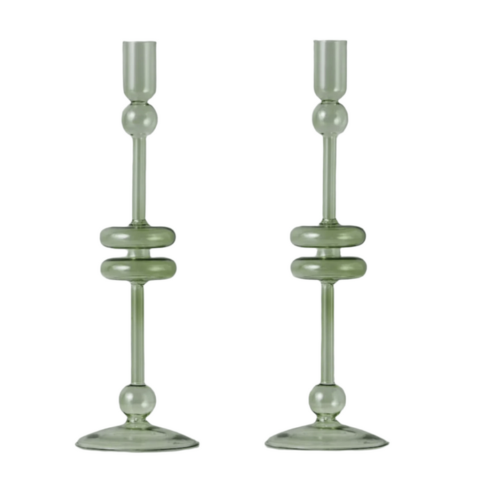 Sage Glass Candlestick Pair, Large