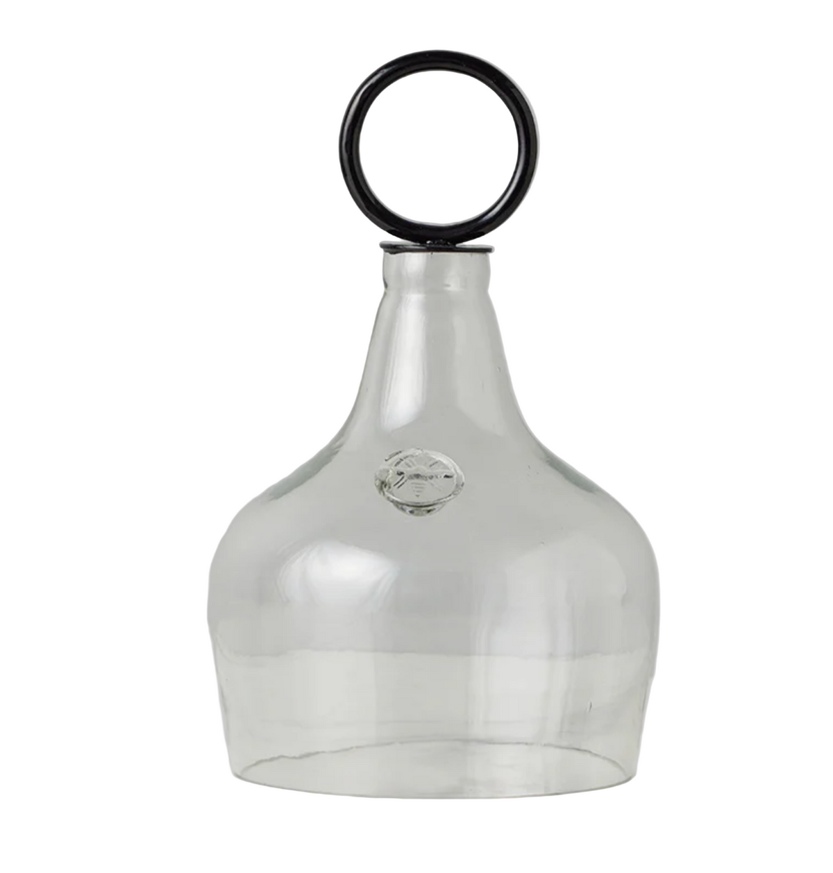 Clear glass bottle with black handle on a white background