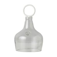 Clear glass food cover with a white ring handle on a white background