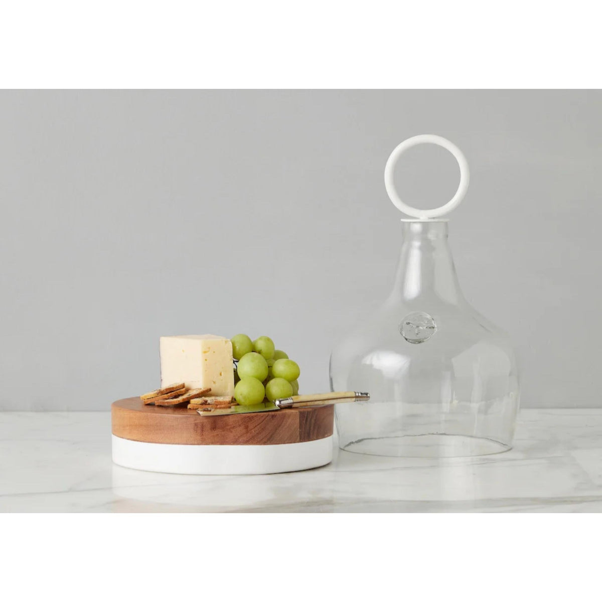 Small Glass Cloche Food Cover, White Ring Handle - Dome Side View | Bone & Brass