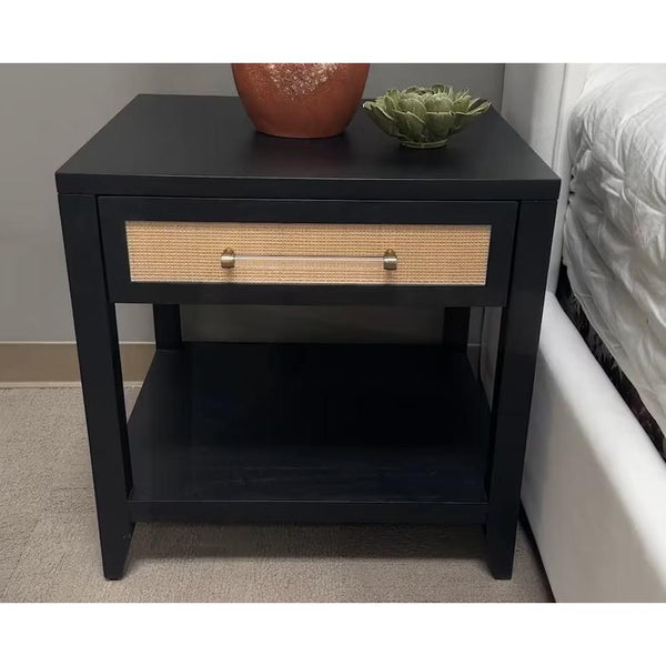 Hiland Black & Rattan 1-Drawer Side Table - Table Side View | Bone & Brass