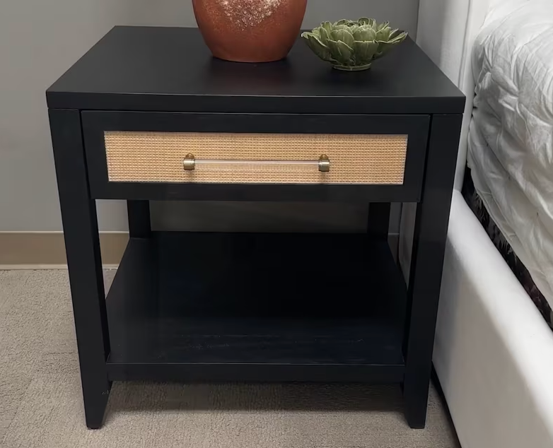 Hiland Black & Rattan 1-Drawer Side Table