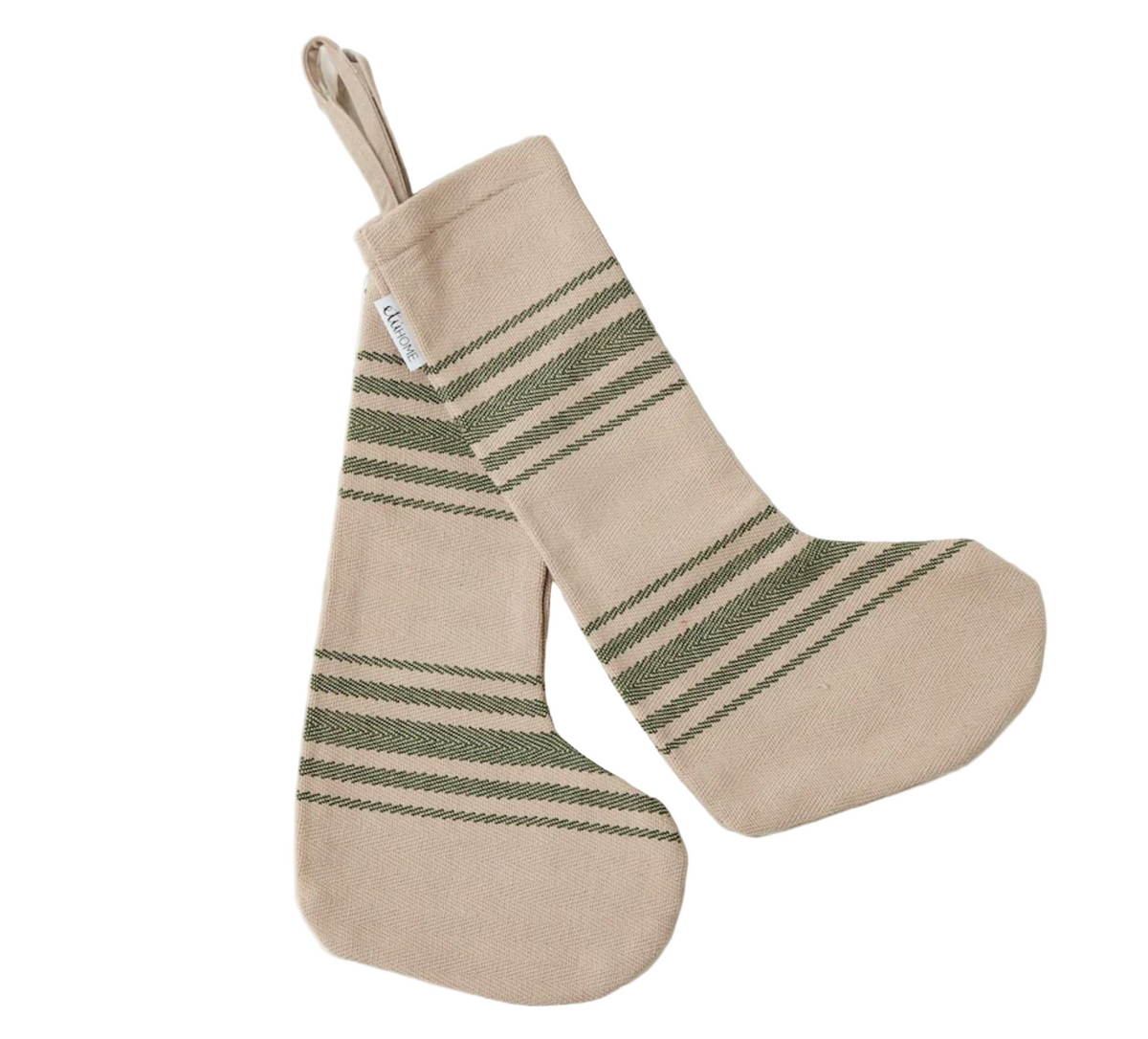 Beige and green striped Christmas stocking on a marble surface