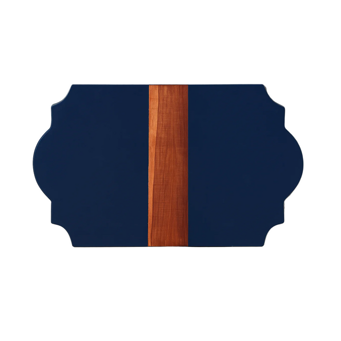 Navy blue cutting board with a wooden strip on a white background