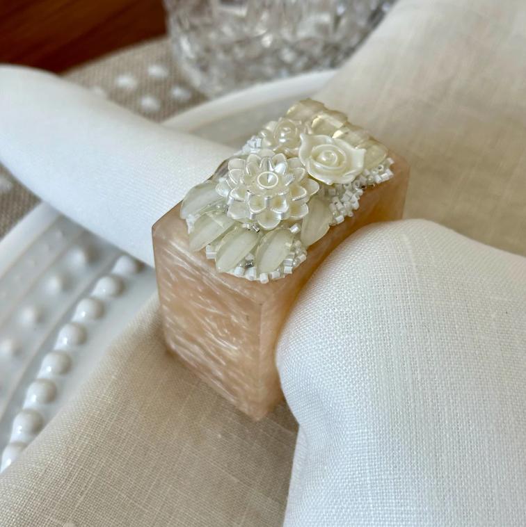 Ivory Petal Napkin Ring | Gold or White, Set 4 - Ring Side View | Bone & Brass