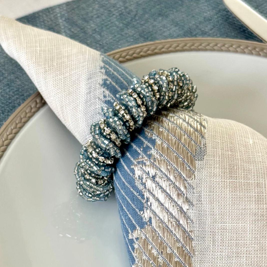 Ice Blue Cuff Beaded Napkin Ring, Set 4 - Ring Detail | Bone & Brass