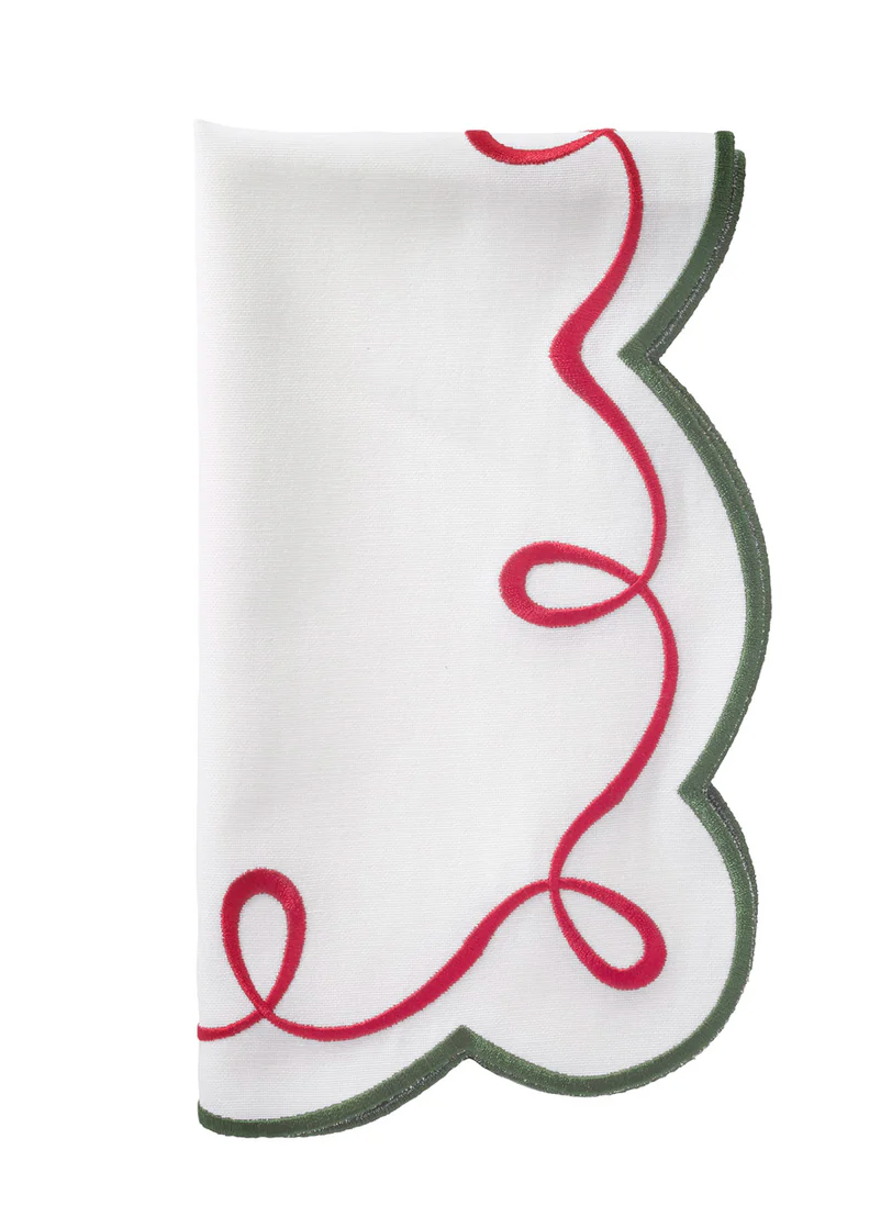 Christmas Ribbon Twirl Embroidered Napkins, Set of 4