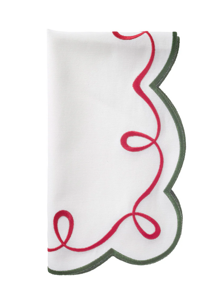 Christmas Ribbon Twirl Embroidered Napkins, Set of 4