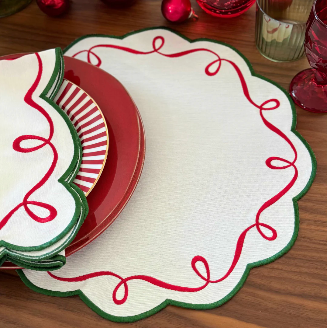 Christmas Ribbon Twirl Embroidered Placemats, Set of 4
