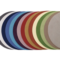 Row of round placemats in various vibrant colors on a white background