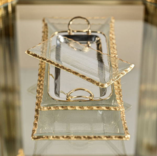 Cally Clear Rectangle Plate with Gold Rim, Set of 3