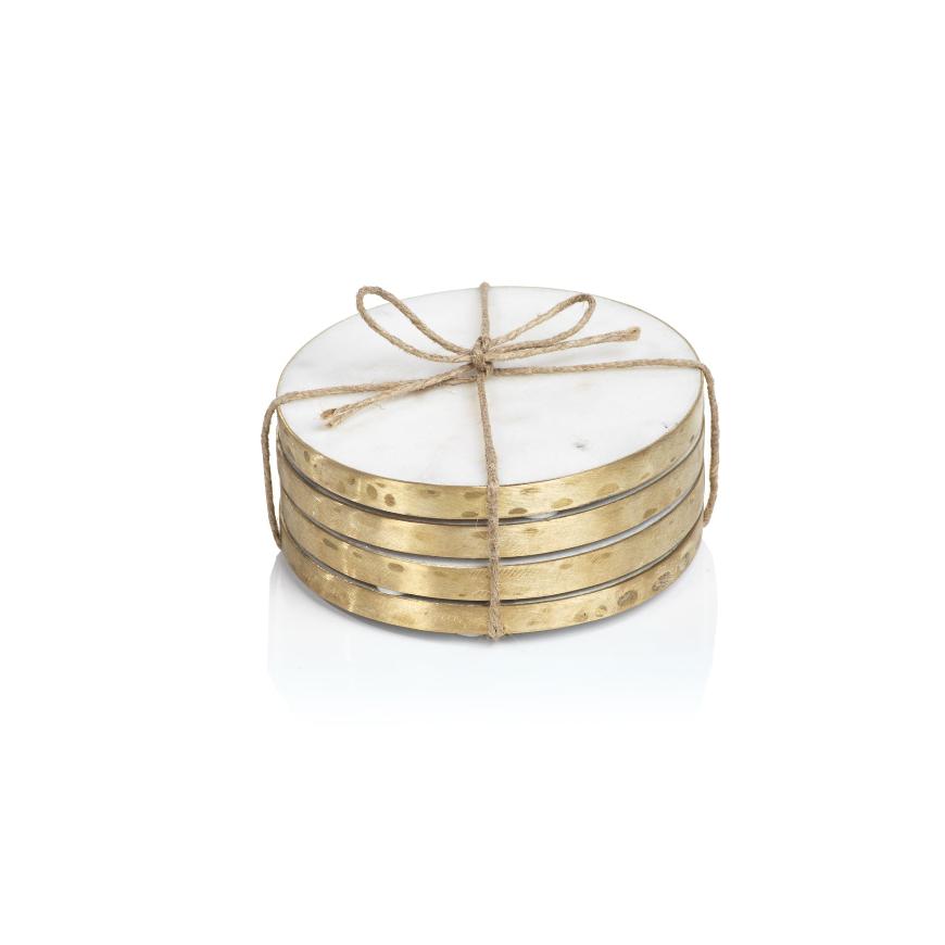 Ivory Round Marble Coasters w/ Gold Trim, Set 4 | Bone & Brass