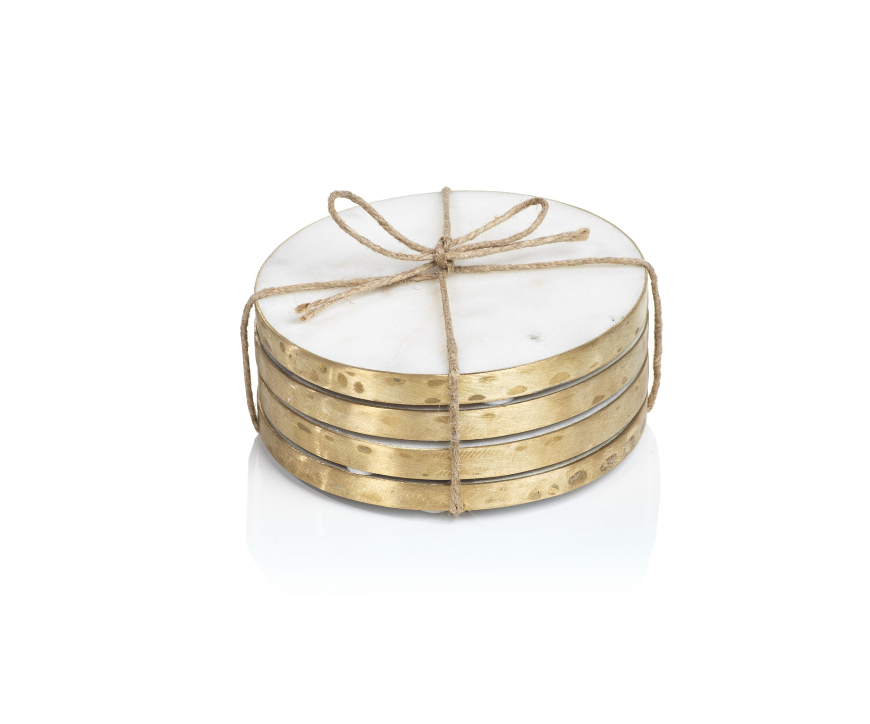 Ivory Round Marble Coasters w/ Gold Trim, Set of 4