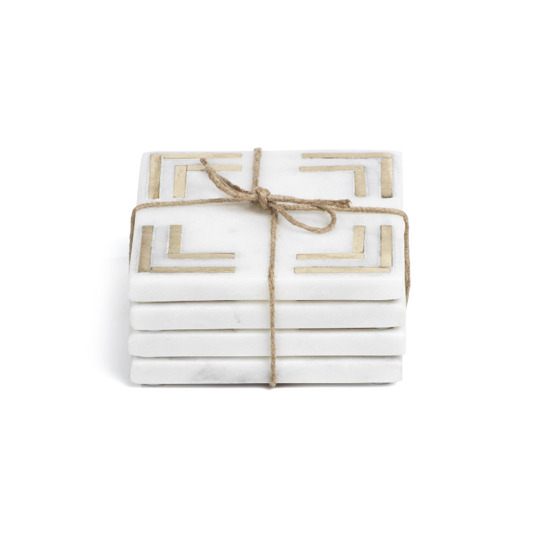 Ivory Square Marble Coasters w/ Gold Inlay, Set of 4
