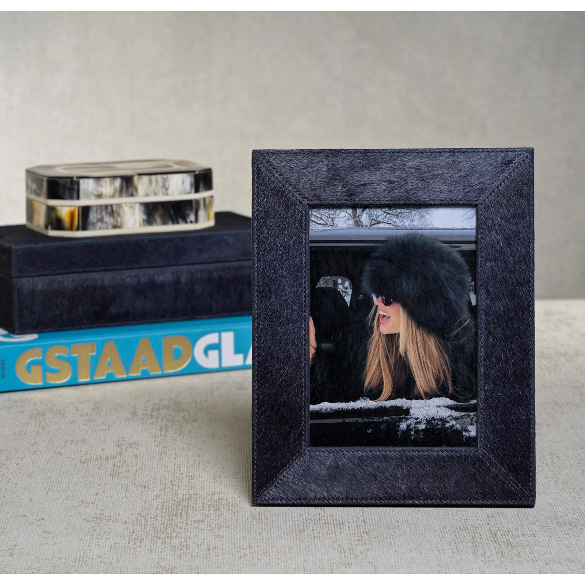 Corviglia Navy Hair On Hide Photo Frame - Frame Side View | Bone & Brass