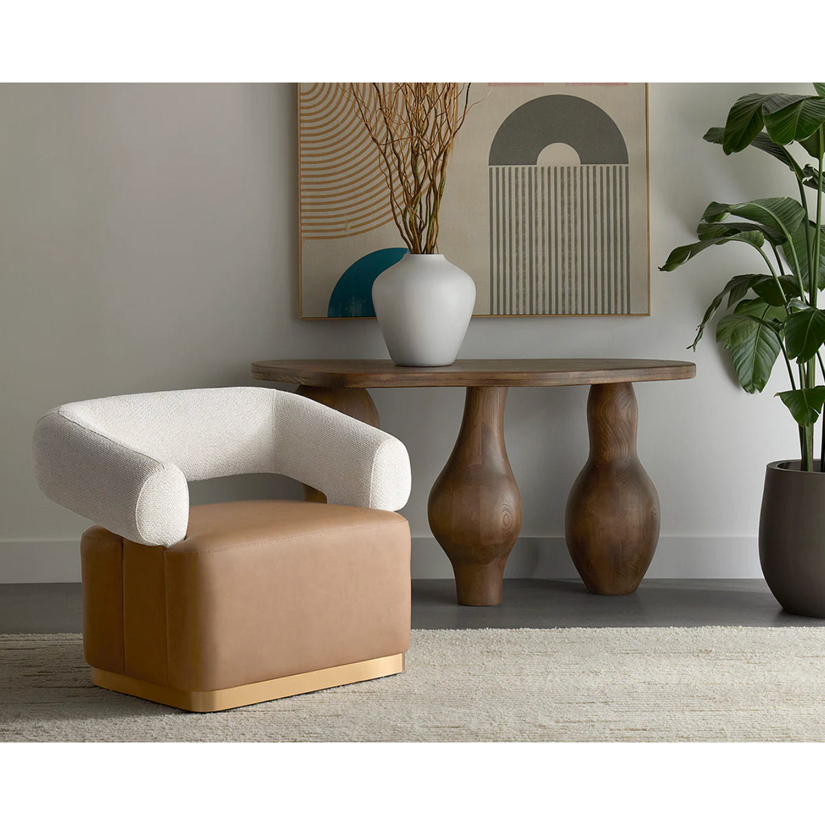 Aggie Swivel Ivory & Cognac Leather Lounge Chair