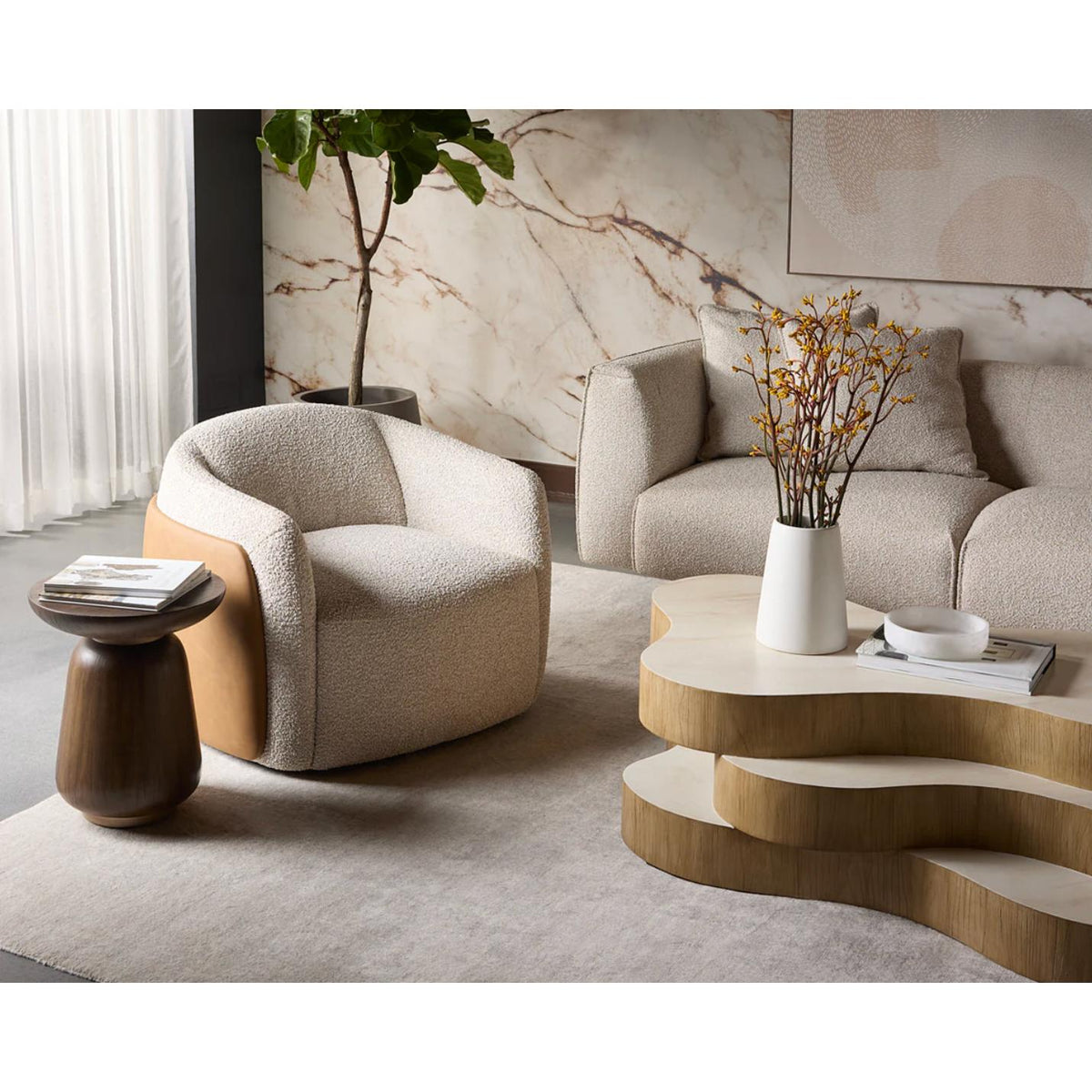 Caris Beige & Cognac Swivel Lounge Chair - Chair Side View | Bone & Brass