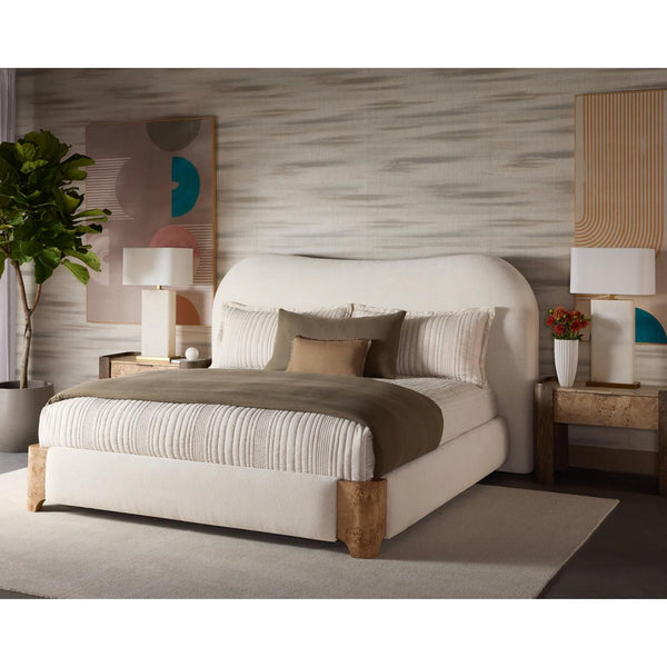 Knowles Ivory Upholstered & Mappa Burl King Bed - Bed Side View | Bone & Brass