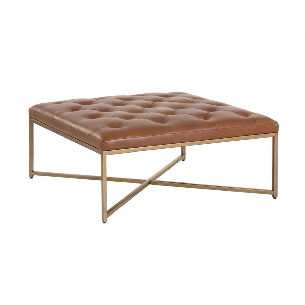 Endall Square Upholstered Ottoman, Brass & Vintage Camel Leather