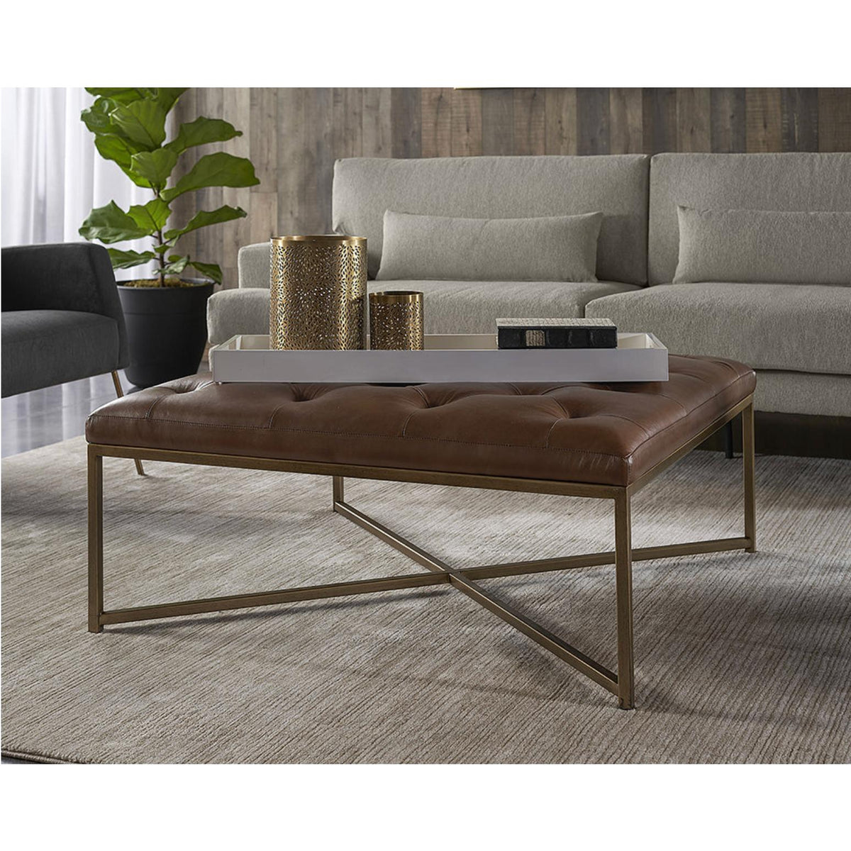 Endall Square Upholstered Ottoman, Brass & Vintage Camel Leather - Ottoman Side View | Bone & Brass