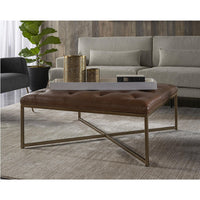 Endall Square Upholstered Ottoman, Brass & Vintage Camel Leather - Ottoman Side View | Bone & Brass