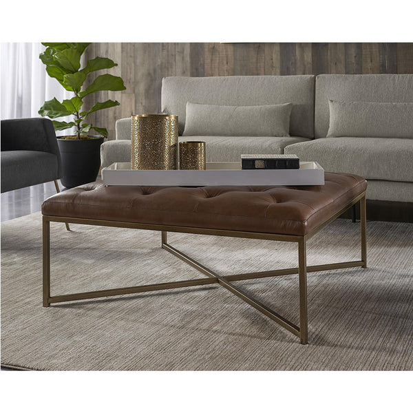Endall Square Upholstered Ottoman, Brass & Vintage Camel Leather - Ottoman Side View | Bone & Brass