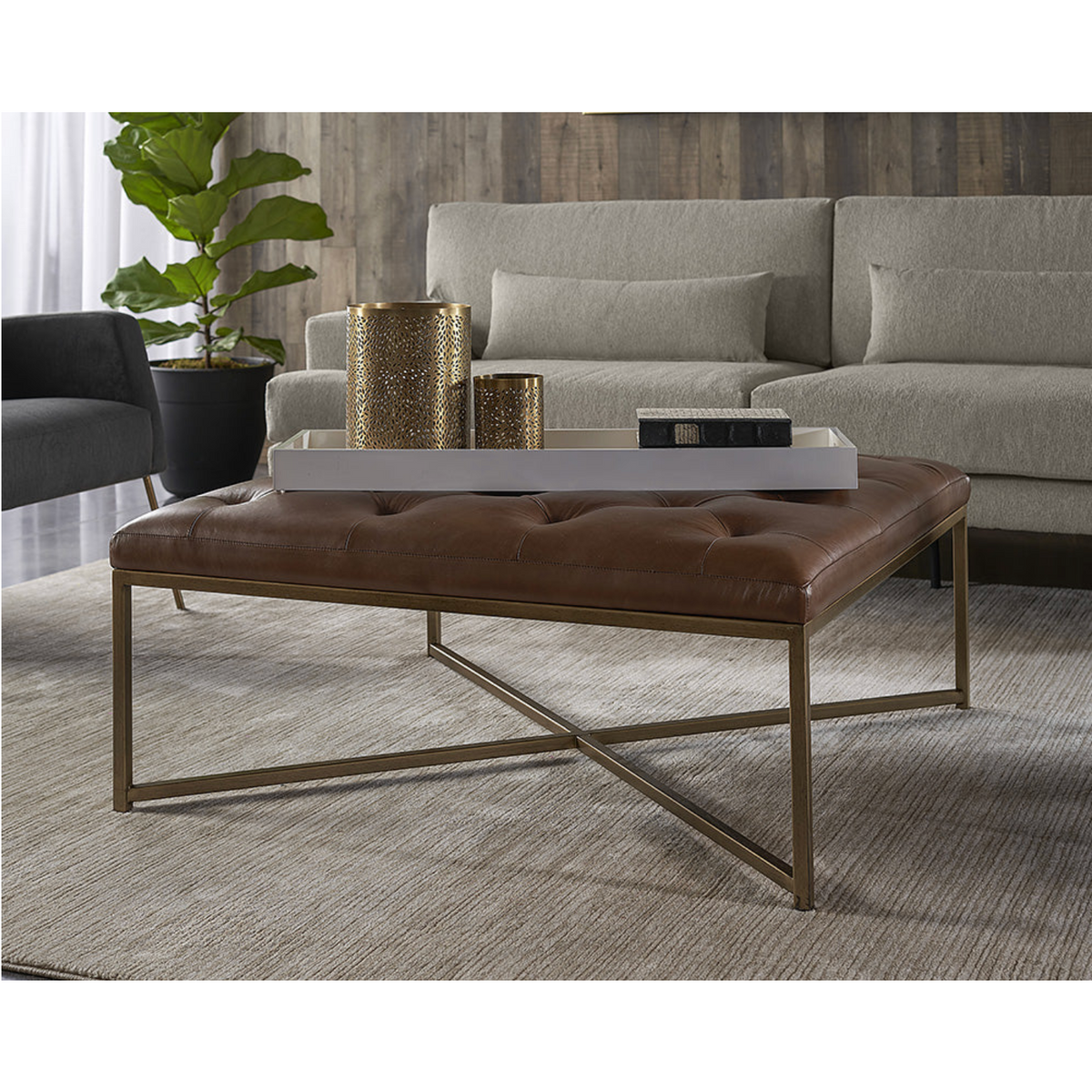 Endall Square Upholstered Ottoman, Brass & Vintage Camel Leather