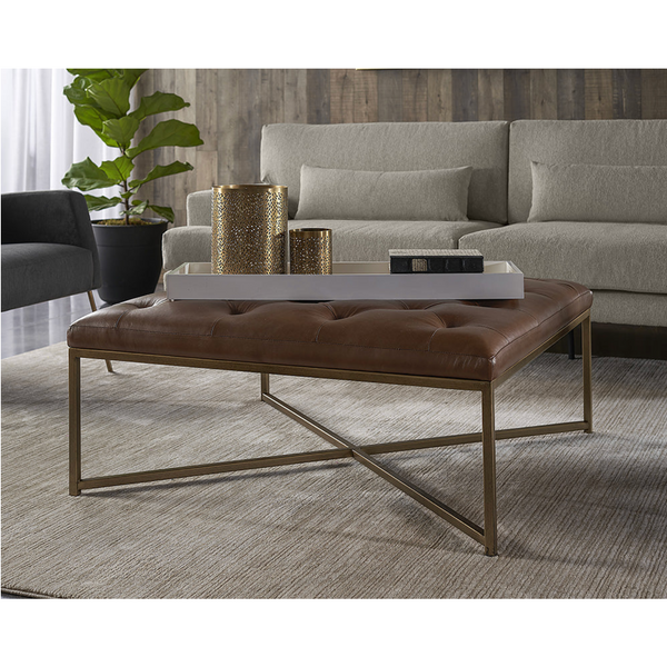 Endall Square Upholstered Ottoman, Brass & Vintage Camel Leather