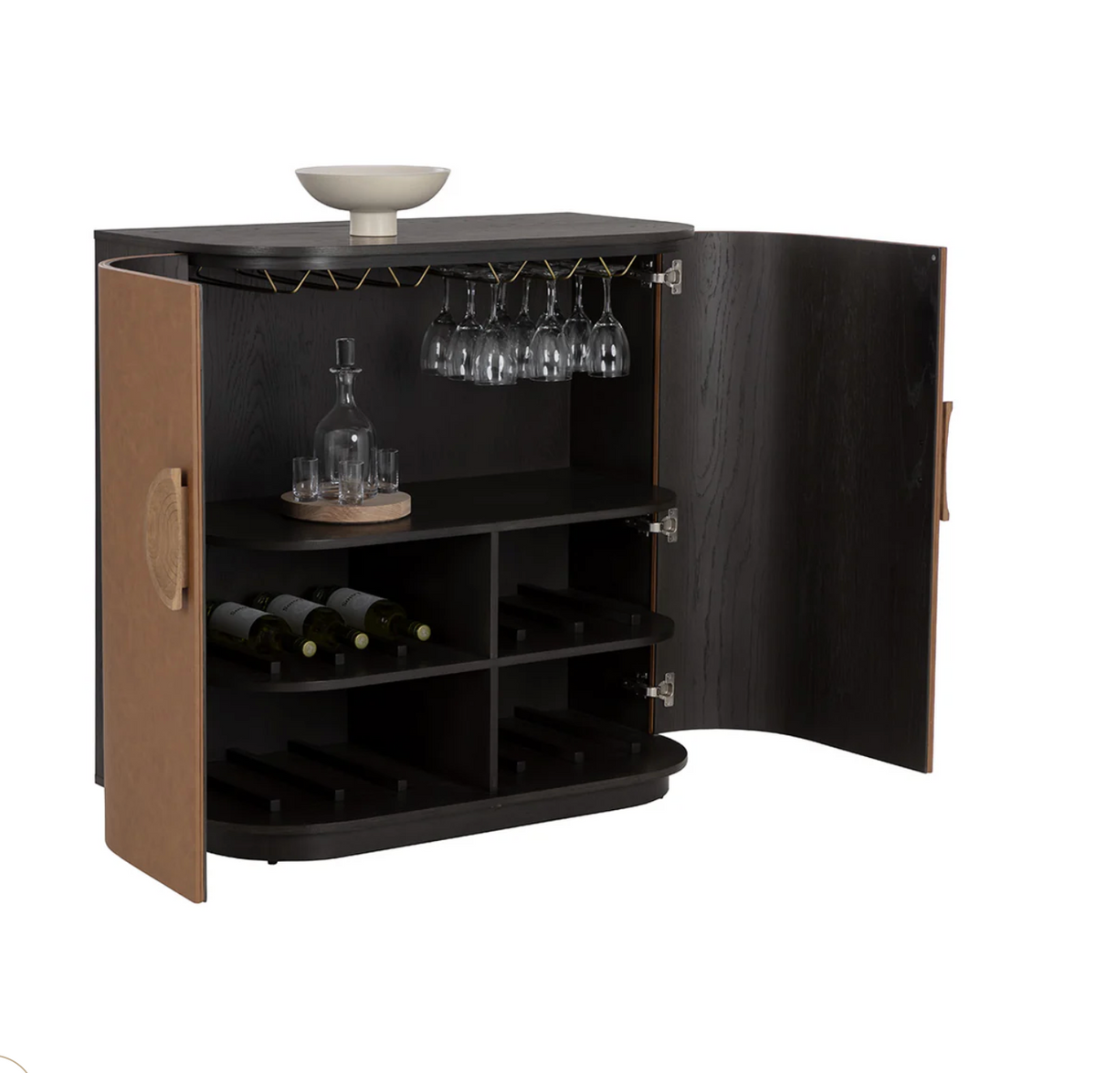 Dresden Smoke Grey & Cognac Leather Bar Cabinet